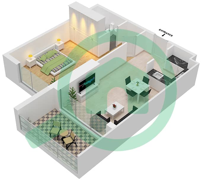 المخططات الطابقية لتصميم الوحدة 3  FLOOR 38-59 شقة 2 غرفة نوم - آيكون سيتي interactive3D