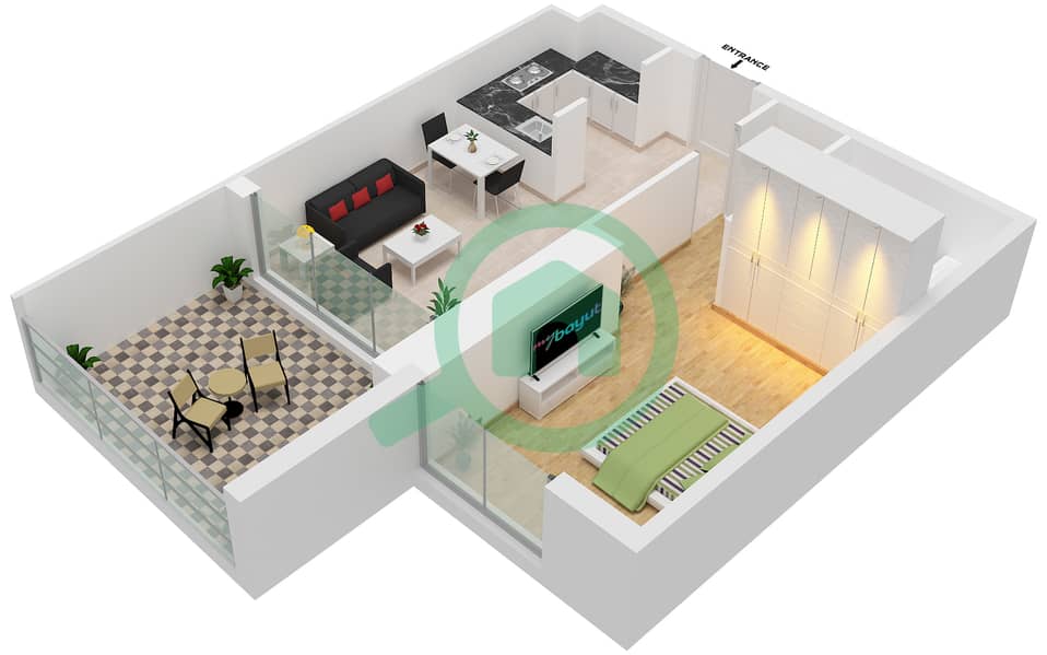 爱康城 - 1 卧室公寓单位1  FLOOR 38-59戶型图 interactive3D