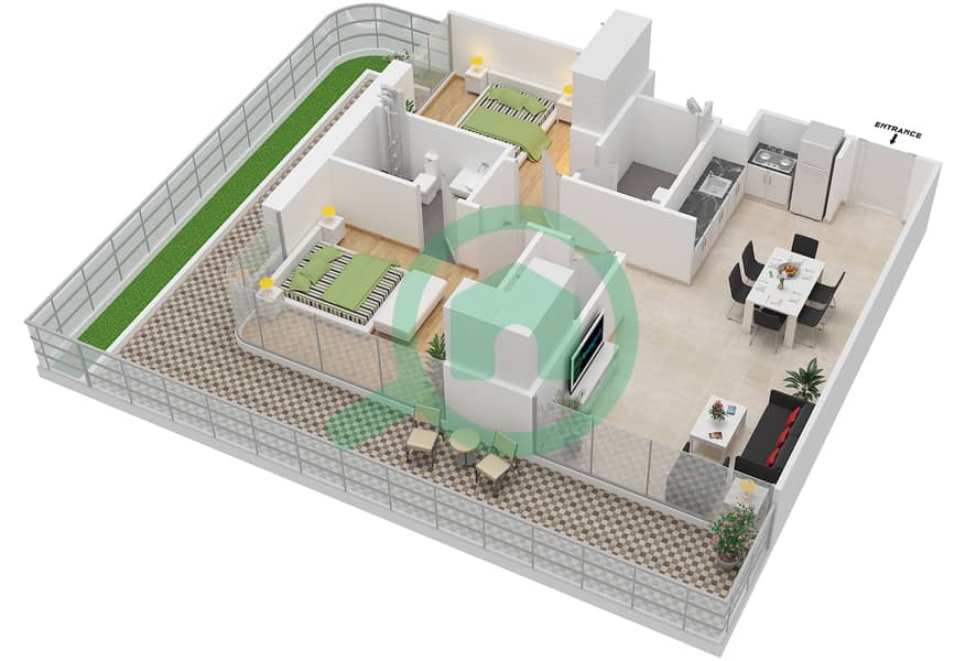 阿齐兹大区 - 2 卧室公寓类型1A戶型图 Floor 1 interactive3D