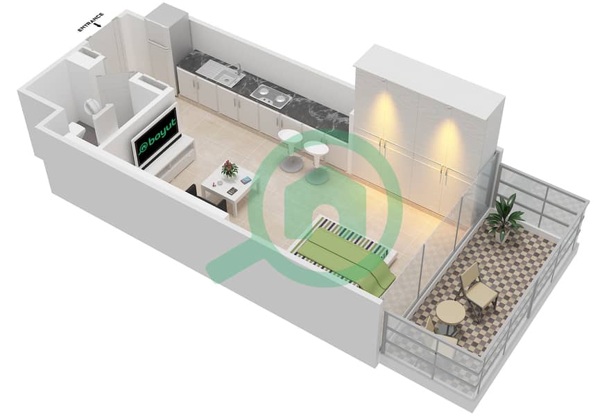 Азизи Гранд - Апартамент Студия планировка Тип 3B Floor 2 interactive3D