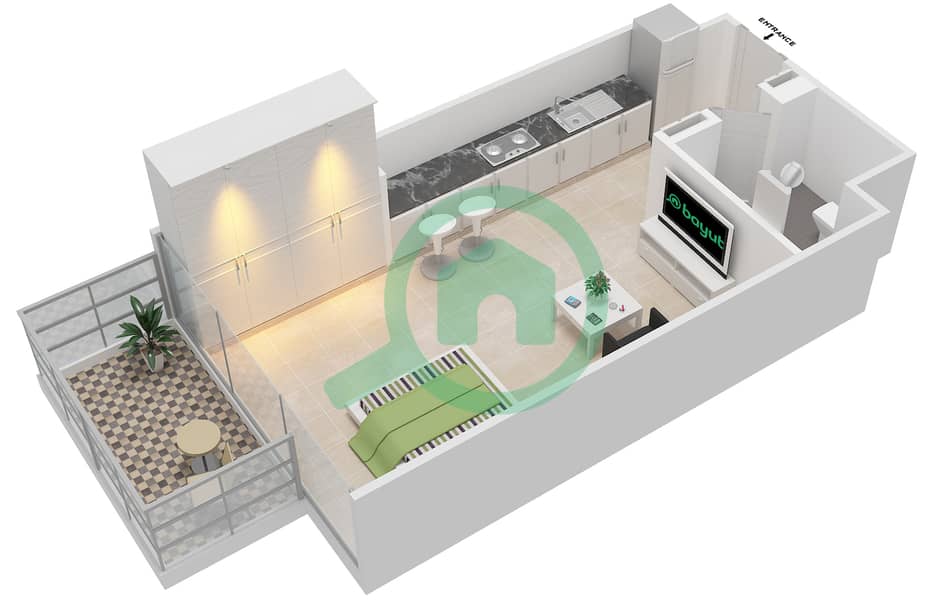 Азизи Гранд - Апартамент Студия планировка Тип 2B Floor 2 interactive3D