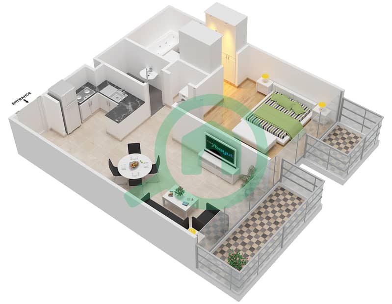 Азизи Гранд - Апартамент 1 Спальня планировка Тип 3B Floor 2 interactive3D