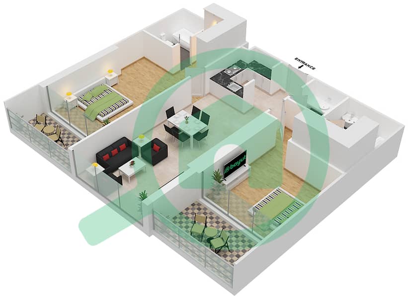 المخططات الطابقية لتصميم الوحدة 4  FLOOR 38-59 شقة 2 غرفة نوم - آيكون سيتي interactive3D