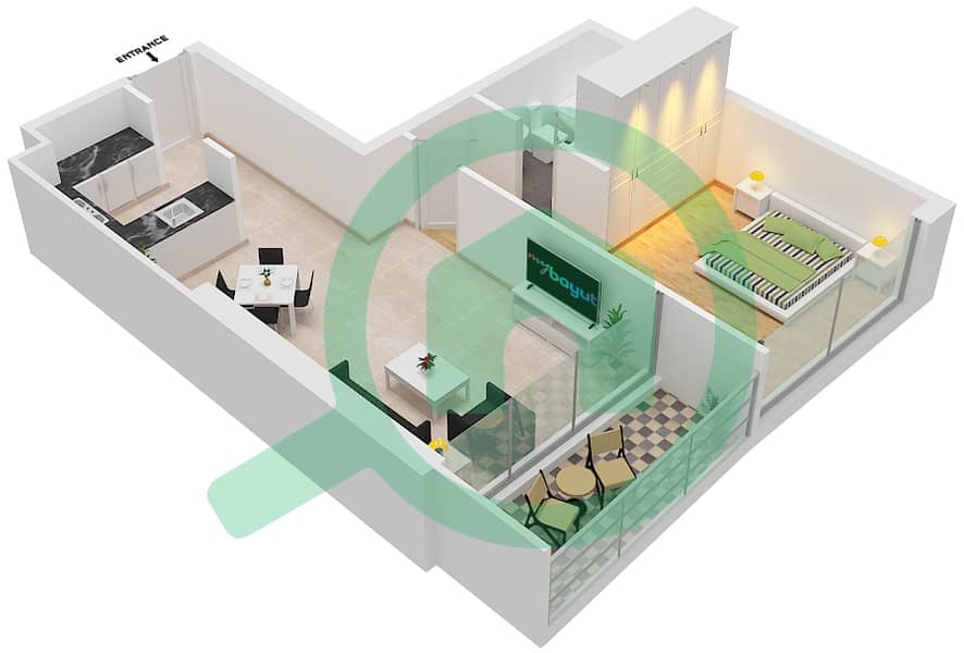 爱康城 - 1 卧室公寓单位5  FLOOR 12-35戶型图 interactive3D