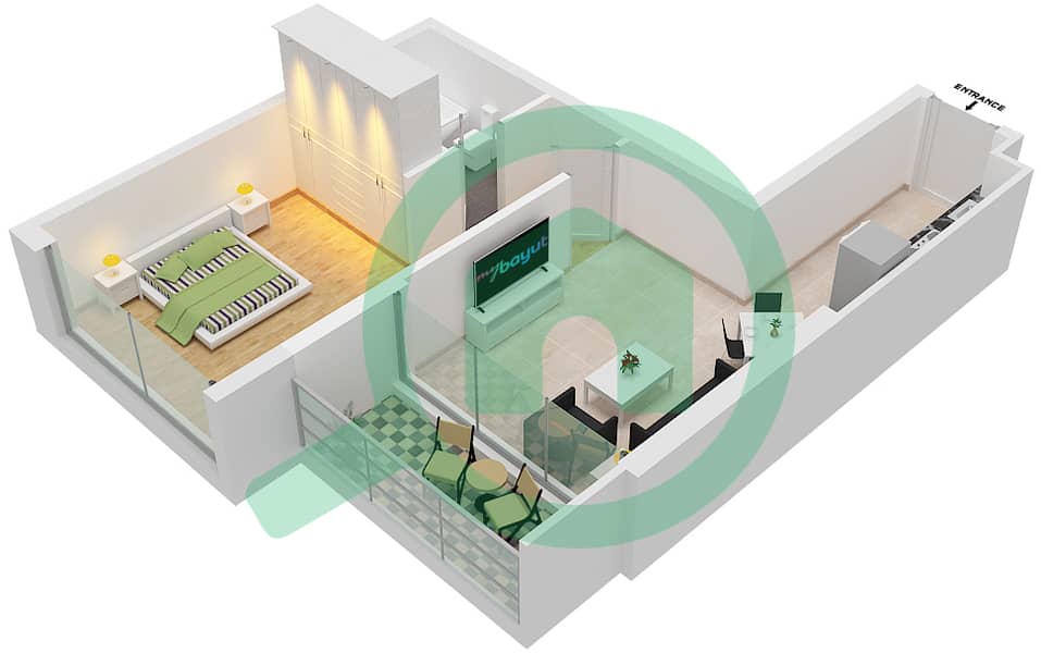 爱康城 - 1 卧室公寓单位5  FLOOR 60-62戶型图 interactive3D