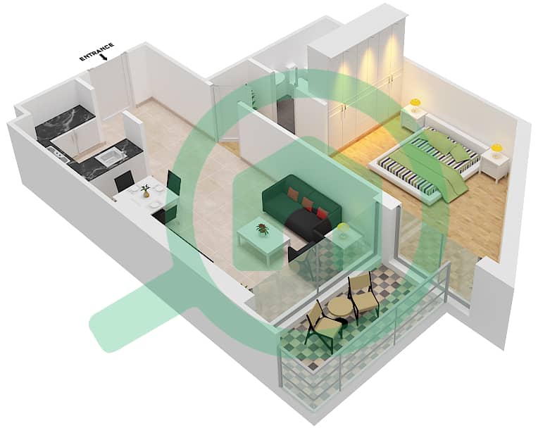 爱康城 - 1 卧室公寓单位6  FLOOR 38-59戶型图 interactive3D