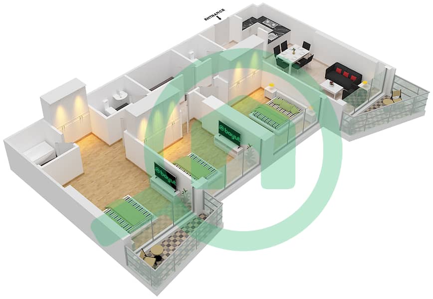 Айкон Сити - Апартамент 3 Cпальни планировка Единица измерения 7  FLOOR 38-59 interactive3D