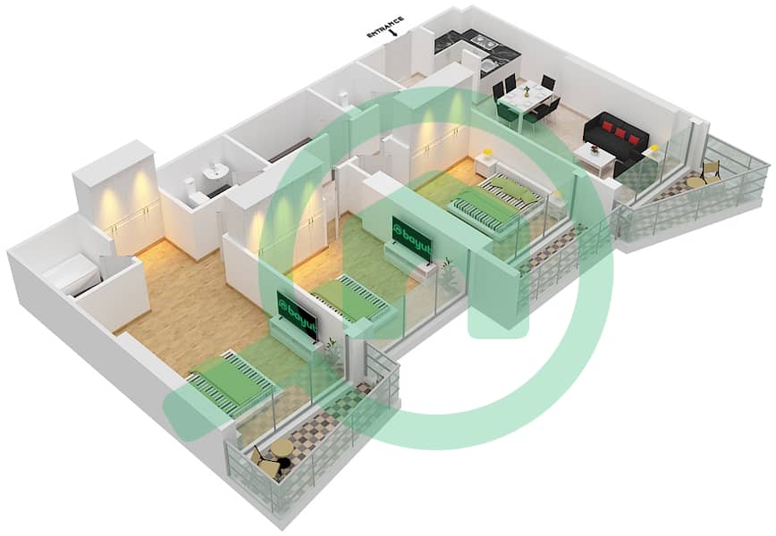 المخططات الطابقية لتصميم الوحدة 7 FLOOR 60-62 شقة 3 غرف نوم - آيكون سيتي interactive3D