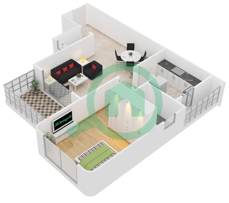 المخططات الطابقية لتصميم النموذج / الوحدة A/5,18 شقة 1 غرفة نوم - مساكن النخبة 2 interactive3D