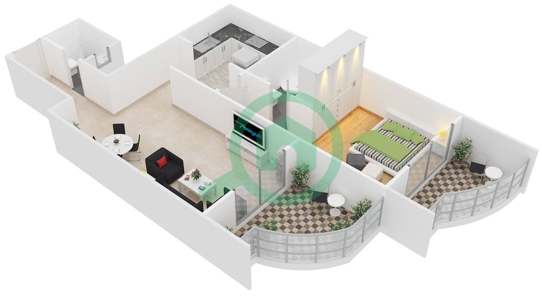 المخططات الطابقية لتصميم النموذج / الوحدة B/1,22 شقة 1 غرفة نوم - مساكن النخبة 2 interactive3D