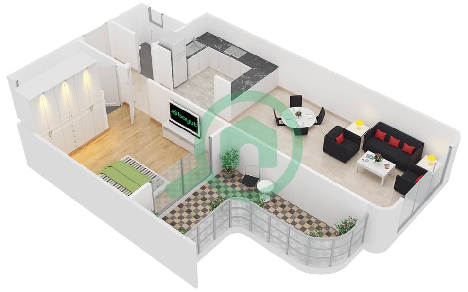المخططات الطابقية لتصميم النموذج / الوحدة C/11-12 شقة 1 غرفة نوم - مساكن النخبة 2 interactive3D