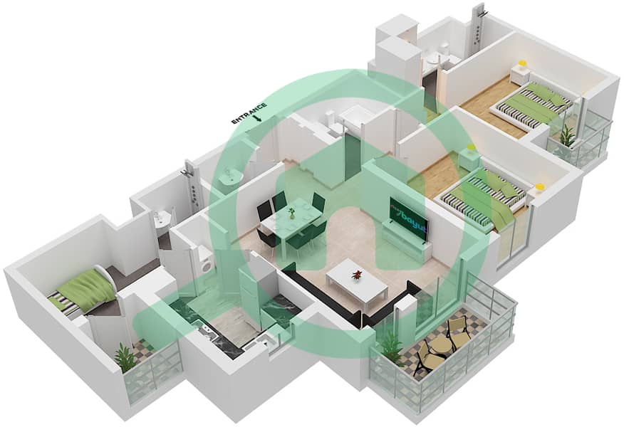 努尔公寓 - 2 卧室公寓单位11 FLOOR 2-5戶型图 Floor 2-5 interactive3D
