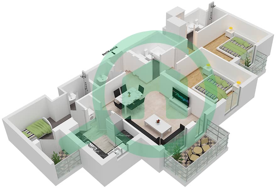 努尔公寓 - 2 卧室公寓单位13 FLOOR 3-5戶型图 Floor 3-5 interactive3D