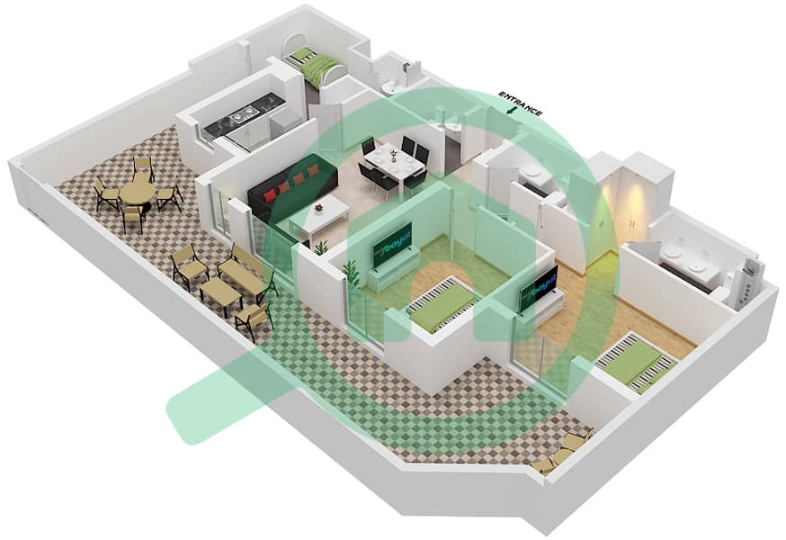 努尔公寓 - 2 卧室公寓单位13 FLOOR 2-4戶型图 Floor 02 interactive3D