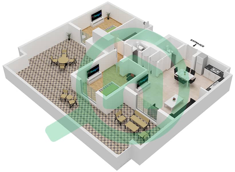努尔公寓 - 2 卧室公寓单位02 GROUND FLOOR戶型图 Ground Floor interactive3D