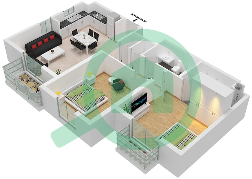 努尔公寓 - 2 卧室公寓单位01 FLOOR 1戶型图 Floor 1 interactive3D