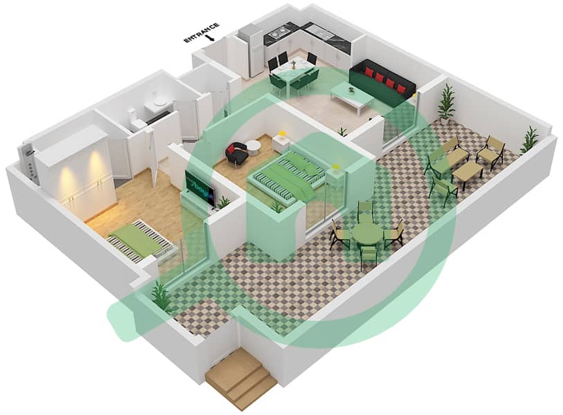 努尔公寓 - 2 卧室公寓单位01 GROUND FLOOR戶型图 Ground Floor interactive3D