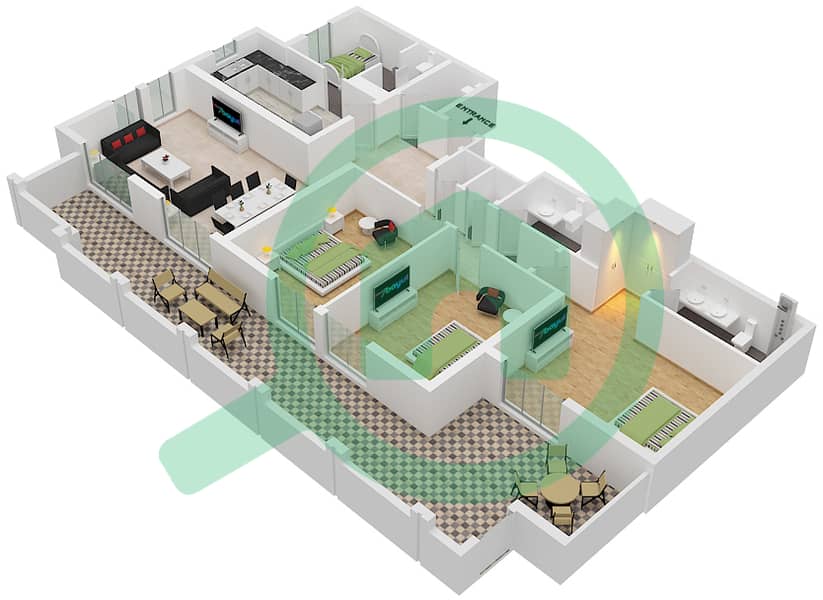 المخططات الطابقية لتصميم الوحدة 05 GROUND FLOOR شقة 3 غرف نوم - نور ريزيدنسيز Ground Floor interactive3D