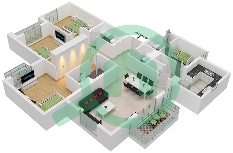 努尔公寓 - 3 卧室公寓单位11 FLOOR 6戶型图 Floor 6 interactive3D
