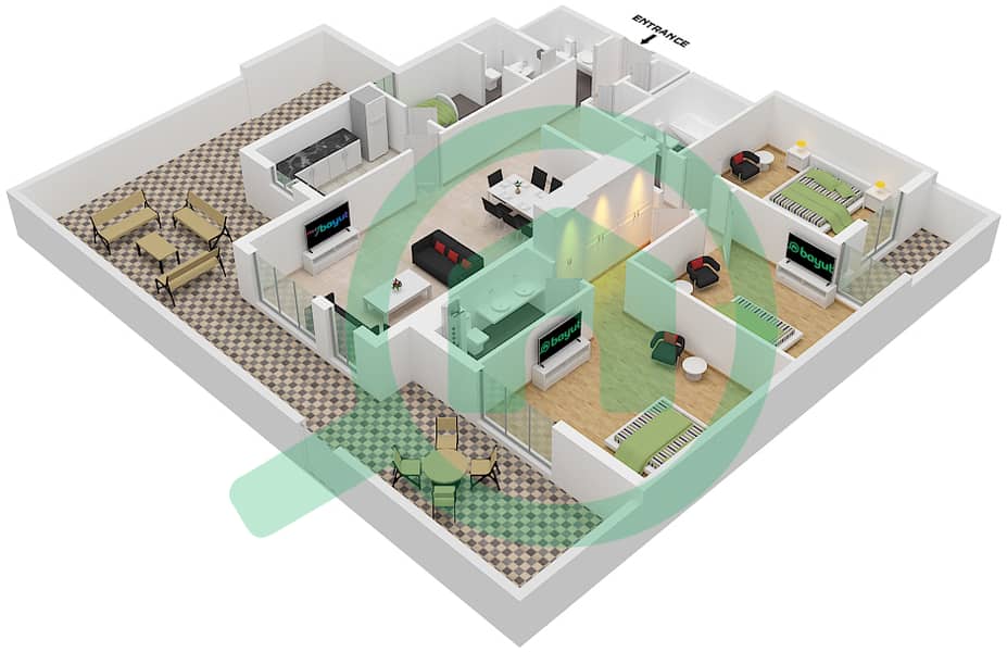 努尔公寓 - 3 卧室公寓单位03 FLOOR 02戶型图 Floor 02 interactive3D