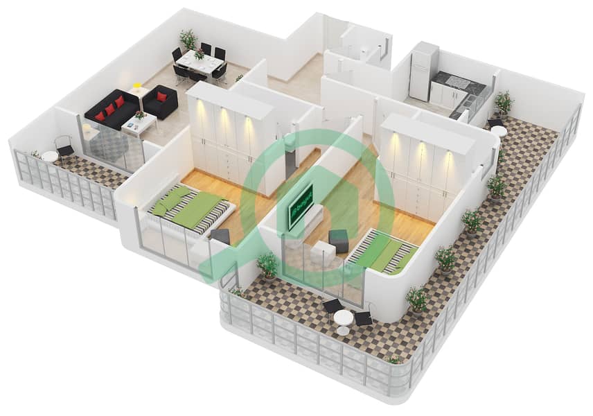 精英体育公寓2号 - 2 卧室公寓类型／单位A/8,15戶型图 interactive3D
