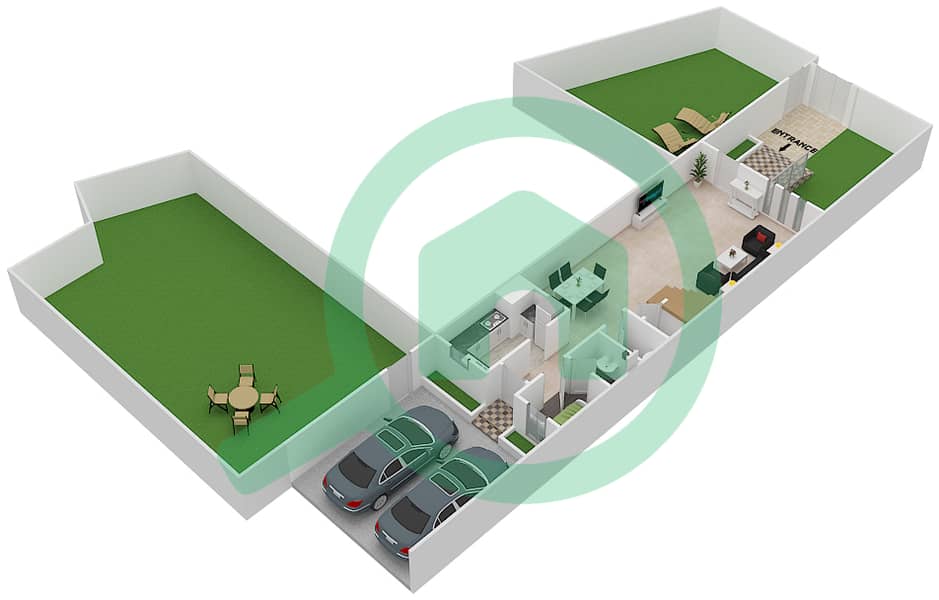 المخططات الطابقية لتصميم النموذج E فیلا 3 غرف نوم - ملبيري بارك Ground Floor interactive3D