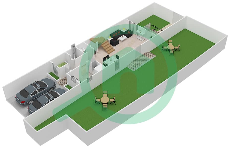 المخططات الطابقية لتصميم النموذج A فیلا 3 غرف نوم - ملبيري بارك Ground Floor interactive3D