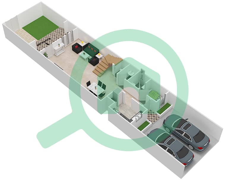المخططات الطابقية لتصميم النموذج C فیلا 3 غرف نوم - ملبيري بارك Ground Floor interactive3D
