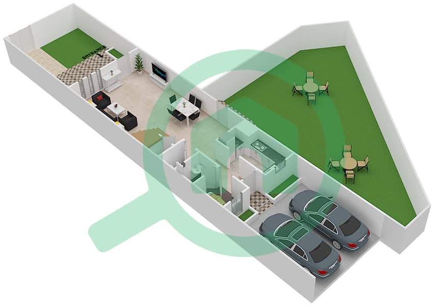 المخططات الطابقية لتصميم النموذج D فیلا 3 غرف نوم - ملبيري بارك Ground Floor interactive3D
