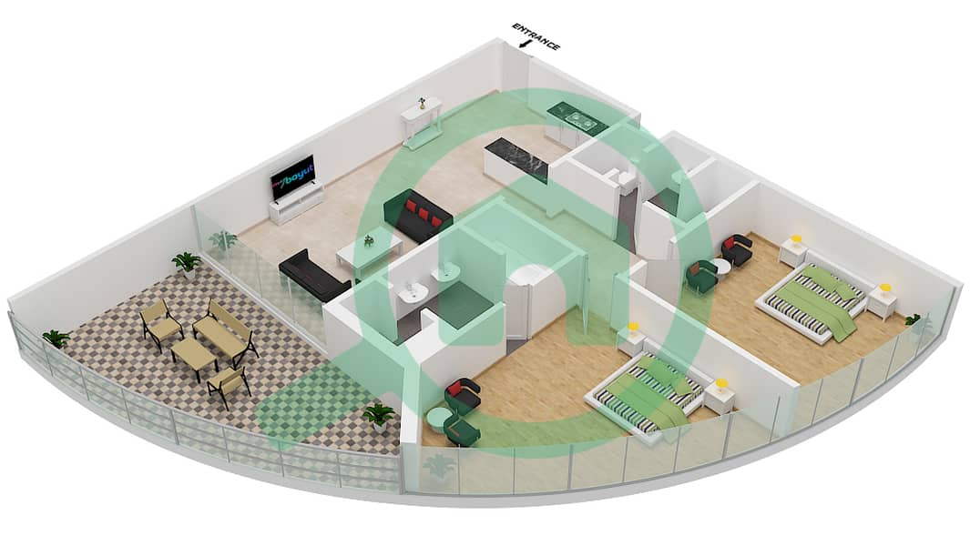 Al Mahra Resort - 2 Bedroom Apartment Type B Floor plan interactive3D