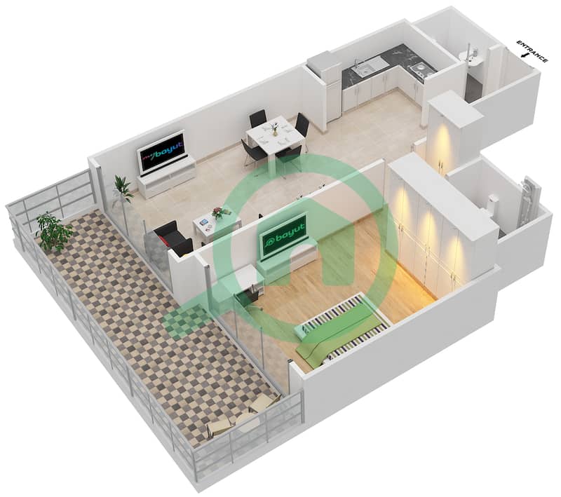 المخططات الطابقية لتصميم النموذج / الوحدة A/8-9 شقة 1 غرفة نوم - مساكن النخبة 7 interactive3D