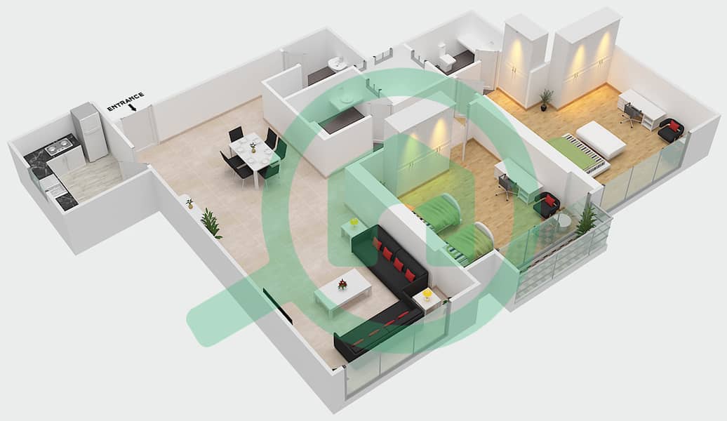 Sahara Tower 2 - 2 Bedroom Apartment Unit 1 Floor plan interactive3D