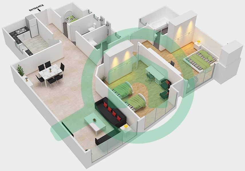 Sahara Tower 2 - 2 Bedroom Apartment Unit 2B Floor plan interactive3D