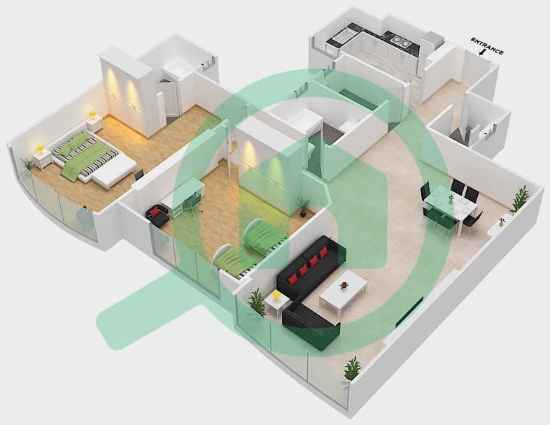Sahara Tower 2 - 2 Bedroom Apartment Unit 3B Floor plan interactive3D