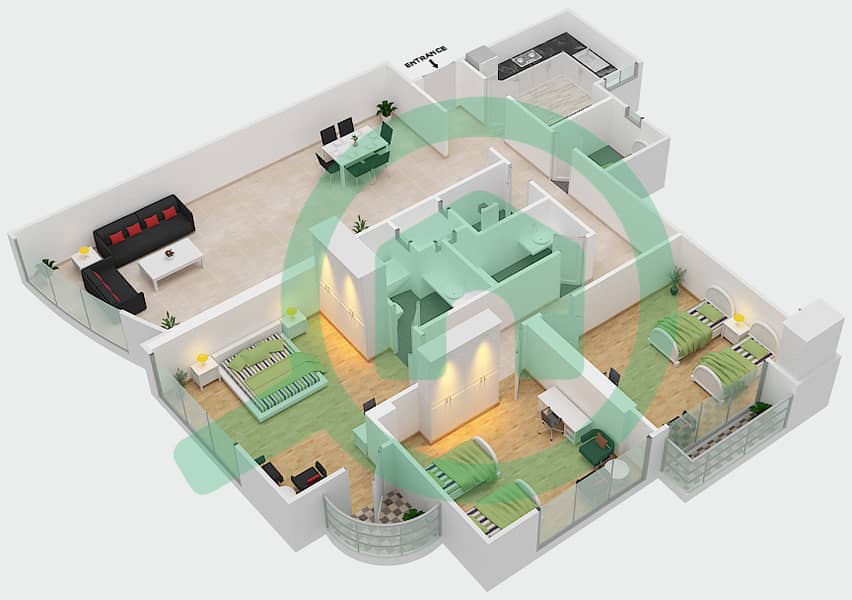 Sahara Tower 2 - 3 Bedroom Apartment Unit 4 Floor plan interactive3D