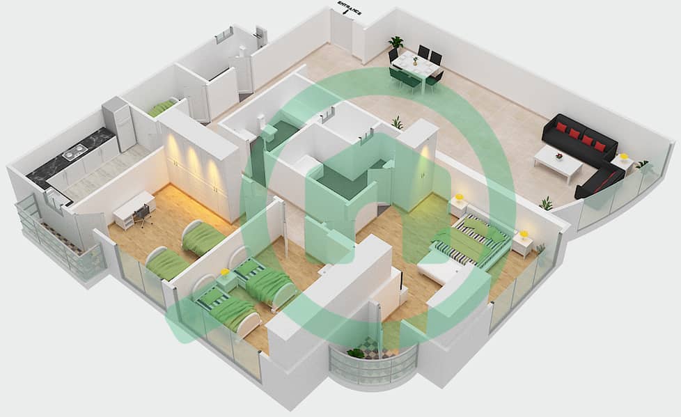 المخططات الطابقية لتصميم الوحدة 5 شقة 3 غرف نوم - برج صحارى 2 interactive3D