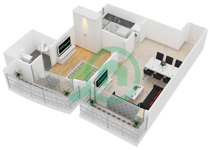 المخططات الطابقية لتصميم النموذج B1 UNIT 01 شقة 1 غرفة نوم - تشامبيونز تاور 1 interactive3D