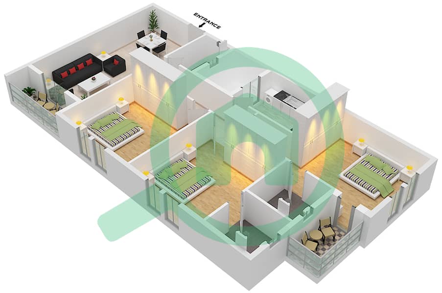 المخططات الطابقية لتصميم الوحدة 102 شقة 3 غرف نوم - JR ريزيدنس 1 interactive3D