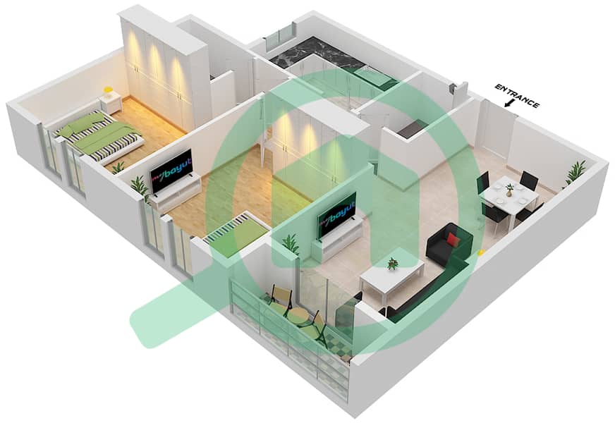 JR Резиденс 1 - Апартамент 2 Cпальни планировка Единица измерения 104 interactive3D