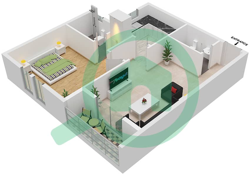 المخططات الطابقية لتصميم الوحدة 106 شقة 1 غرفة نوم - JR ريزيدنس 1 interactive3D