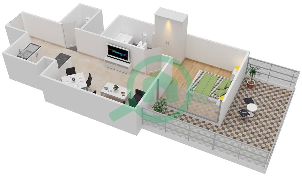 المخططات الطابقية لتصميم الوحدة 12 شقة 1 غرفة نوم - مساكن النخبة الرياضية 8 interactive3D