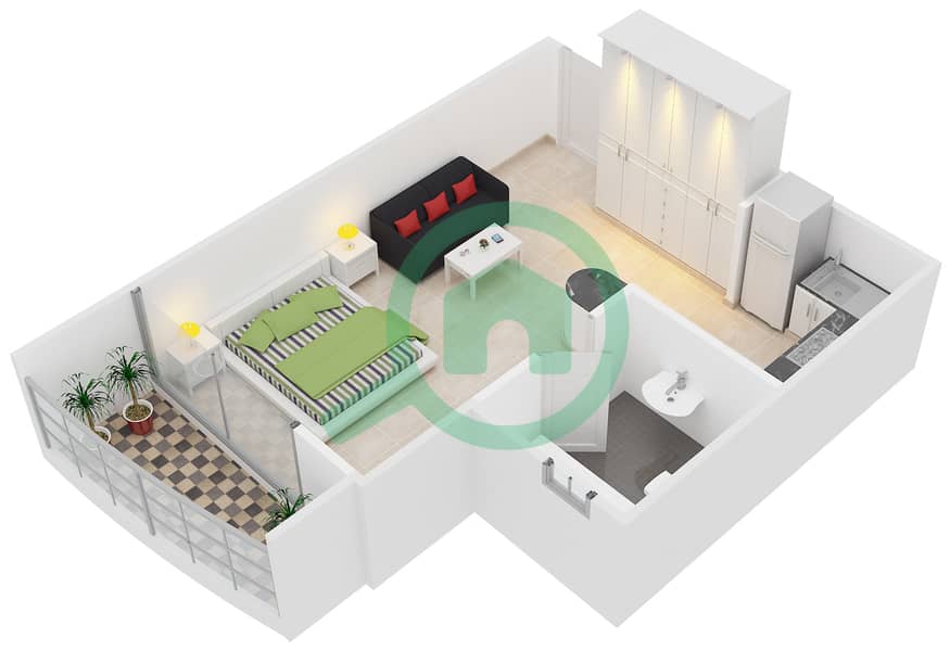 المخططات الطابقية لتصميم النموذج S2 UNIT 07 شقة استوديو - تشامبيونز تاور 1 interactive3D