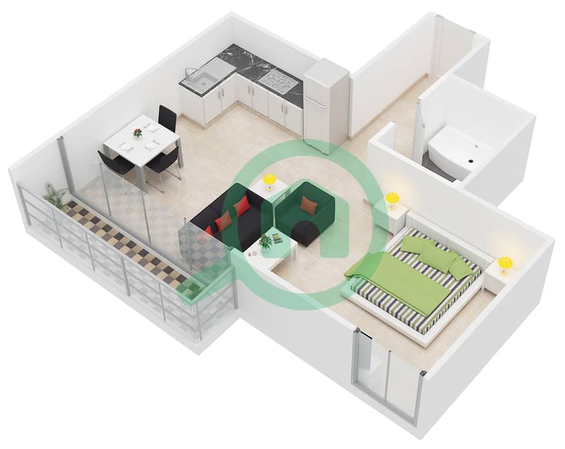 المخططات الطابقية لتصميم النموذج S3 UNIT 06 شقة استوديو - تشامبيونز تاور 1 interactive3D