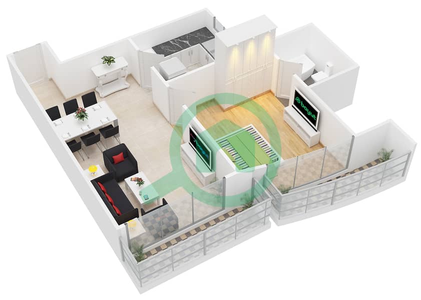 المخططات الطابقية لتصميم النموذج B1 UNIT 09 شقة 1 غرفة نوم - تشامبيونز تاور 1 interactive3D
