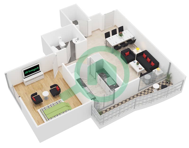 المخططات الطابقية لتصميم النموذج A UNIT 07 شقة 1 غرفة نوم - تشامبيونز تاور 1 interactive3D