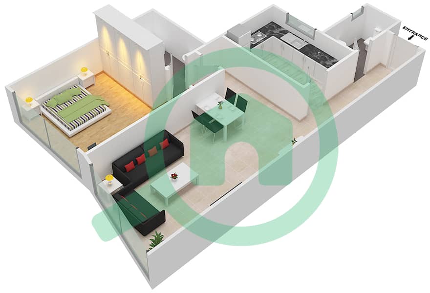 المخططات الطابقية لتصميم الوحدة 9 شقة 1 غرفة نوم - برج صحارى 4 interactive3D