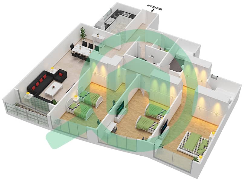 المخططات الطابقية لتصميم الوحدة 5 شقة 3 غرف نوم - برج صحارى 4 interactive3D