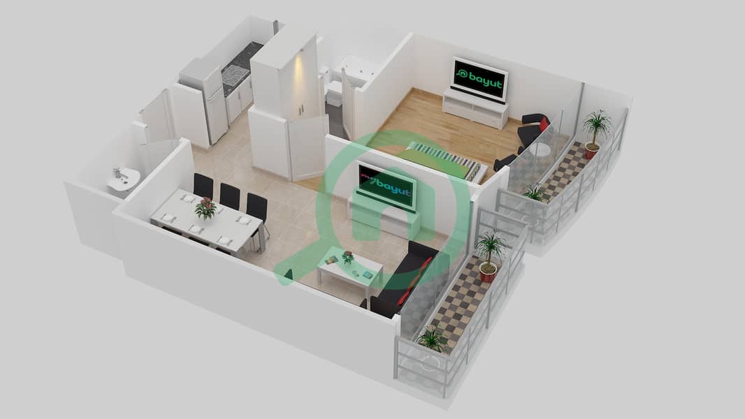 المخططات الطابقية لتصميم النموذج / الوحدة B/4 شقة 1 غرفة نوم - برج الأبطال interactive3D