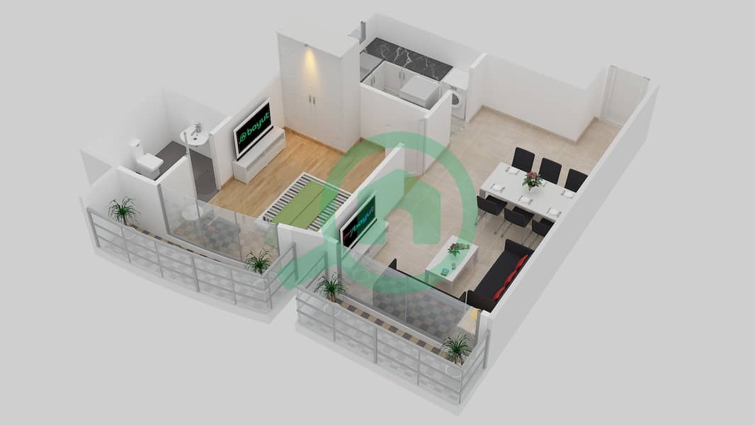 المخططات الطابقية لتصميم النموذج / الوحدة B1/1 شقة 1 غرفة نوم - برج الأبطال interactive3D