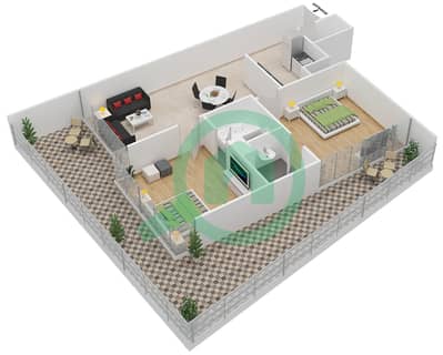 المخططات الطابقية لتصميم الوحدة 13 شقة 2 غرفة نوم - مساكن النخبة 9